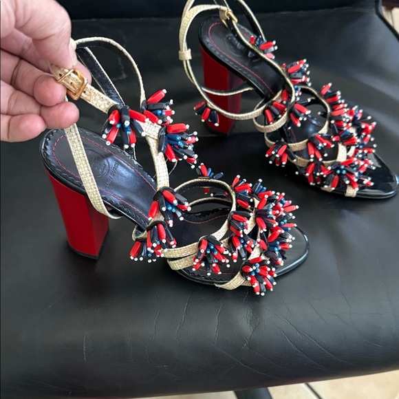 Tory Burch Shoes - Tory Burch Gold Strap Heels with Red & Navy Bead Embellishments